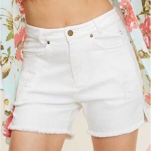 La Miel Solid White Distressed Frayed Hem High Waist Stretch Denim Shorts XL